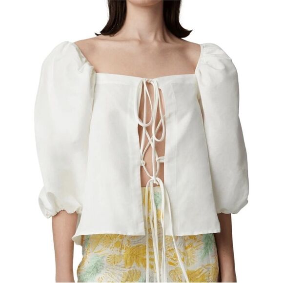 Cult Gaia Aurel white cotton linen tie front top - Picture 6 of 11